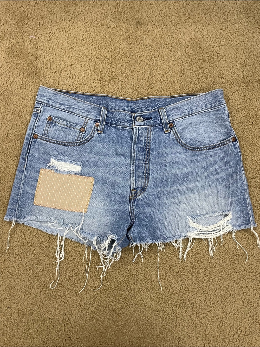 Levi's 501 Light Blue Distressed Denim Cutoff Shorts with Patch with Washed Look
